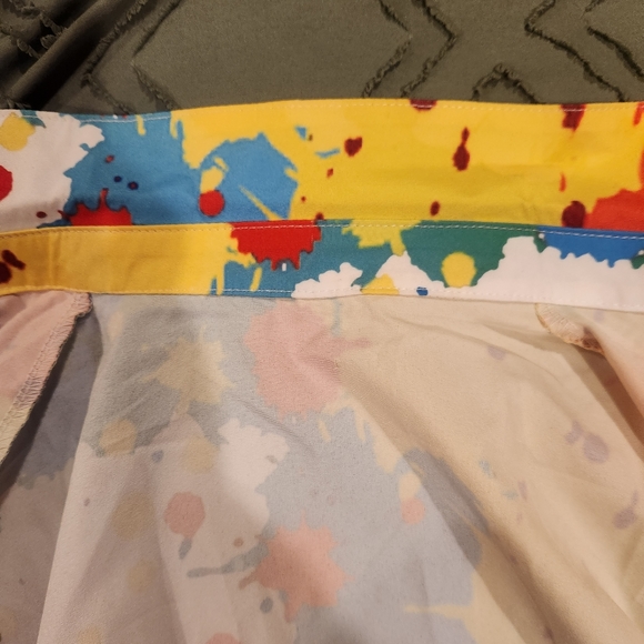 Splatter colored blouse. White background with green, purple, & orange. - Picture 2 of 11